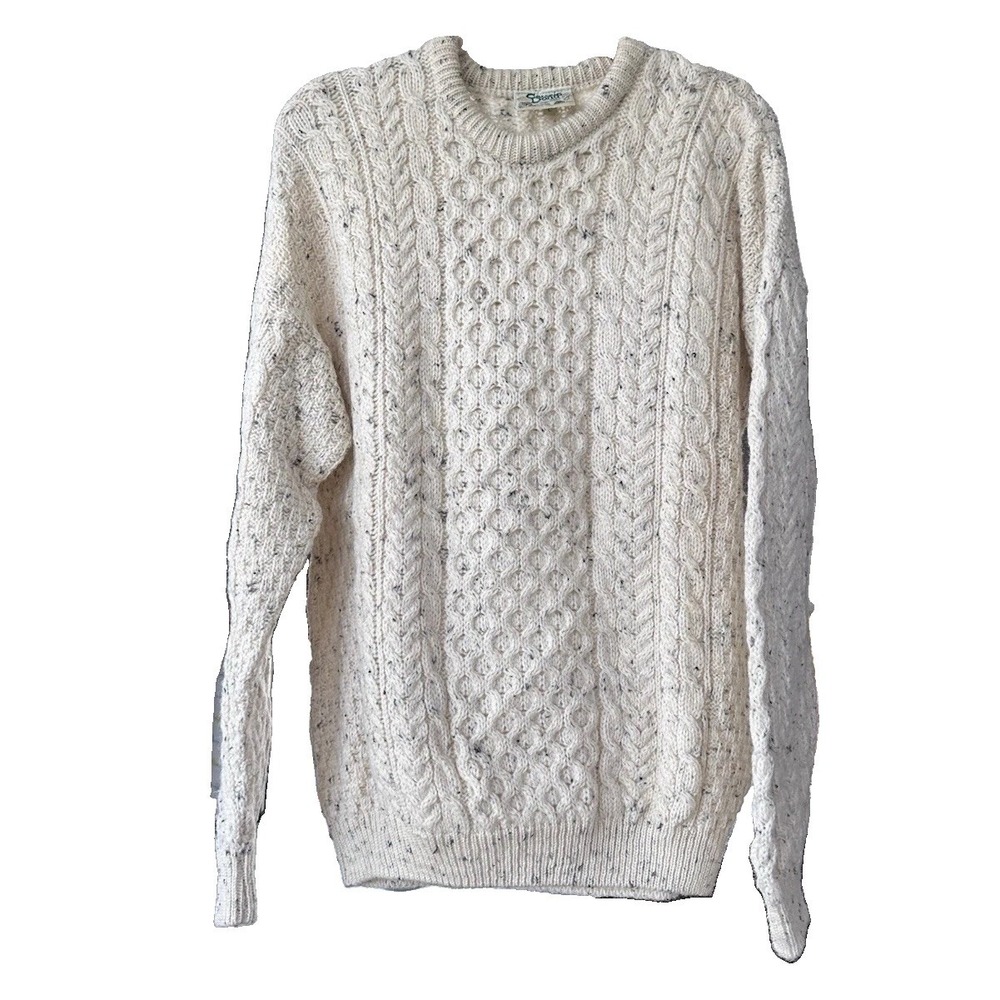 Carraig Donn Women's Fisherman Cable Knit Sweater L Wool Donegal Flecked Irish